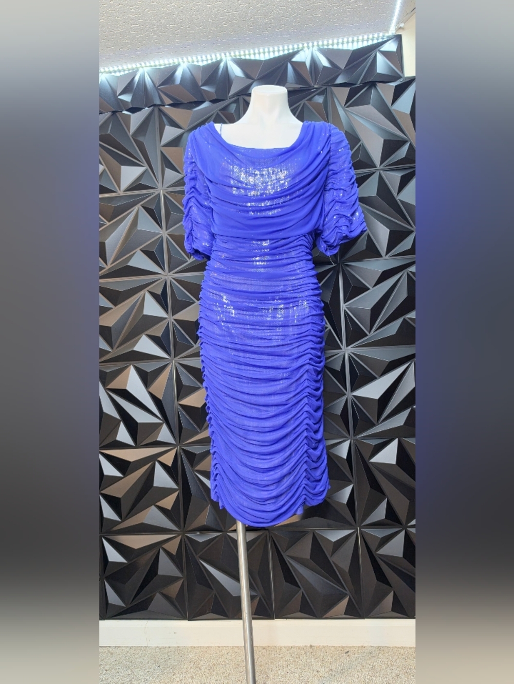 Adrianna Papell Cobalt Blue Ruched Sequin Midi Dress